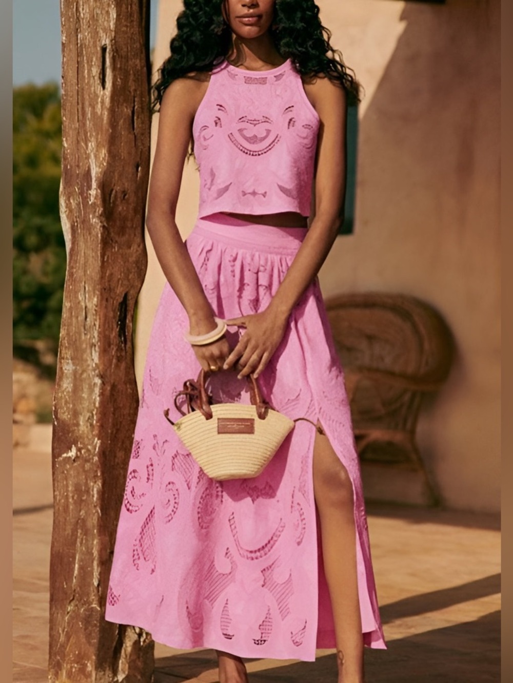 Sezane Pink Lace Midi Skirt with Front Slit - Picture 2 of 9